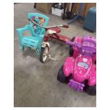 RADIO FLYER TRICYCLE, PLASTIC MOANA LOUNGE CHAIR, AND FOUR-WHEEL RIDE ON TOY.