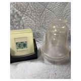 GLASS COASTERS AND THREE GLASS LIGHT COVERS