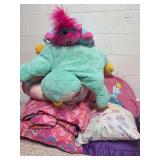 BARBIE PILLOWS, COMFORTER, AND STUFFED ANIMAL PILLOWS.