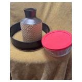 CAKE RING. GLASS VASE, AND A PUREX DISH WITH LID.