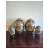 Set of Four Japanese Satsuma Style Decorative Ceramic Eggs with Stands