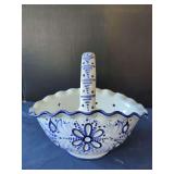 Blue and White Hand-Painted Ceramic Pierced Basket with Handle