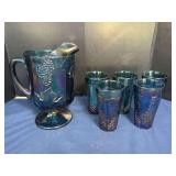 Blue Iridescent Pressed Glass Pitcher and Tumbler Set with Grape and Leaf Motif