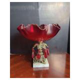 Cranberry Glass Compote with Marble and Metal Base