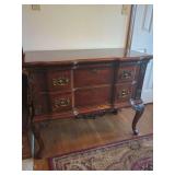 Wooden Dresser Chest with Carved Details and Brass Colored Hardware