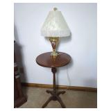 Gilt Ceramic Urn Style Lamp with Fabric Shade and Wooden Accent Table