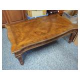 Wood Coffee Table with Parquetry Top and Carved Details