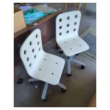 Two White Perforated Back Swivel Desk Chairs with Grey Metal Bases