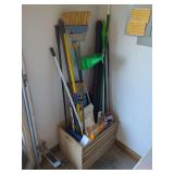 Wooden Crate with Cleaning Supplies, Brooms, and Household Accessories