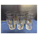 Set of Seven Clear Glass Tumblers with Metallic Gold Leaf and Scroll Motifs
