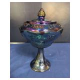 Blue Carnival Glass Covered Compote with Grape and Leaf Motif