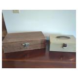 Two Storage Boxes Including Tan Metal Lockbox With Interior Tray and Wood Grain Textures Box