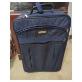 Blue Fabric Rolling Suitcase with Exterior Pockets