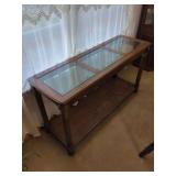 Oak Console Table with Three Glass Inserts and Lower Shelf