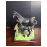Resin Mare and Foal Figurine on Wooden Base