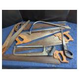 Assorted Hand Saws and Hack Saws Including Wood and Metal Cutting Blades