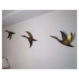Set of Three Teak Wood and Brass Flying Duck Wall Sculptures
