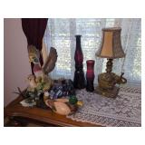 Mixed Decorative Home Furnishings Featuring Glass Vases Table Lamp and Duck Figurines