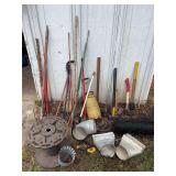 Assorted Yard Tools, Metal Flue Components, and Shop Equipment