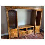 Oak Entertainment Center with Integrated Shelving and Storage Cabinets