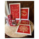 Wooden Holiday Decor Assortment Including Signs and Pillar Candle Holders