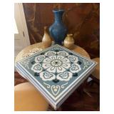 Assorted Decorative Home Decor Lot Featuring Blue Relief Vase and Canvas Wall Art