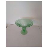 Green Glass Footed Compote with Etched Grape and Vine Motif