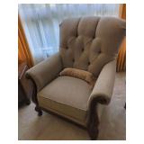 Upholstered Armchair with Tufted Back and Wood Trim