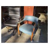 Two Rolling Office Chairs in Blue and Black Upholstery
