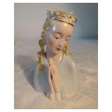 Ceramic Figurine Praying Woman Bust Crown Glazed Gold