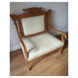 Carved Oak Parlor Settee with Patterned Upholstery