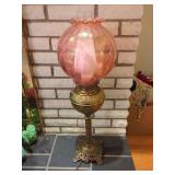 Bradley & Hubbard Converted Oil Lamp with Pink Iridescent Glass Shade