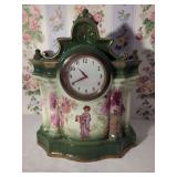 Glazed Ceramic Mantel Clock with Figural Geisha and Floral Motifs