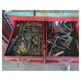 Red Metal Tool Box with Assorted Hand Tools and Hardware