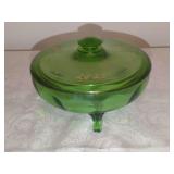 Green Glass Covered Dish with Hand-Painted Floral Motifs and Three Feet