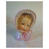 Ceramic Child Head Vase with Pink Bonnet and Applied Florals