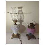 Lot of Two Converted Electric Glass Oil Lamps with Brass Bases