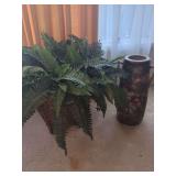Woven Plant Stand with Fern and Ceramic Floral Vase Lot