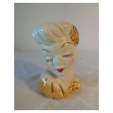 Ceramic Lady Head Vase with Gold Accents and Floral Hairpiece