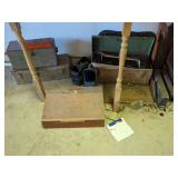 Assorted Metal Toolboxes, Wooden Storage Chests, and Hardware