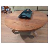 Round Oak Coffee Table with Pedestal Base and Casters
