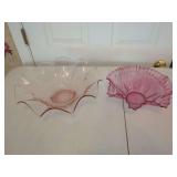 Set of Two Pink Pressed Glass Ruffled Bowls