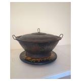 Hand-Painted Metal Bowl with Lid and Wood Base Signed Ellen Coomer 2017