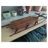 Wooden and Metal Snow Sled with Steering Bar and Handwritten Name