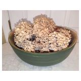 Large Painted Wooden Bowl with Dried Hydrangeas and Cut Glass Insert