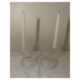 Pair of Clear Glass Scroll and Leaf Pattern Candlestick Holders