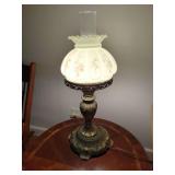 Electrified Hurricane Lamp with Floral Frosted Glass Shade and Ornate Metal Base