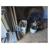 Assorted Lot of Tools, Wooden Spoked Wheel, and Extension Cords