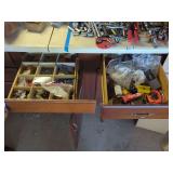 Assorted Hardware and Tools Lot in Wooden Compartmentalized Drawers