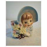 Ceramic Girl Planter with Bonnet and Flowers